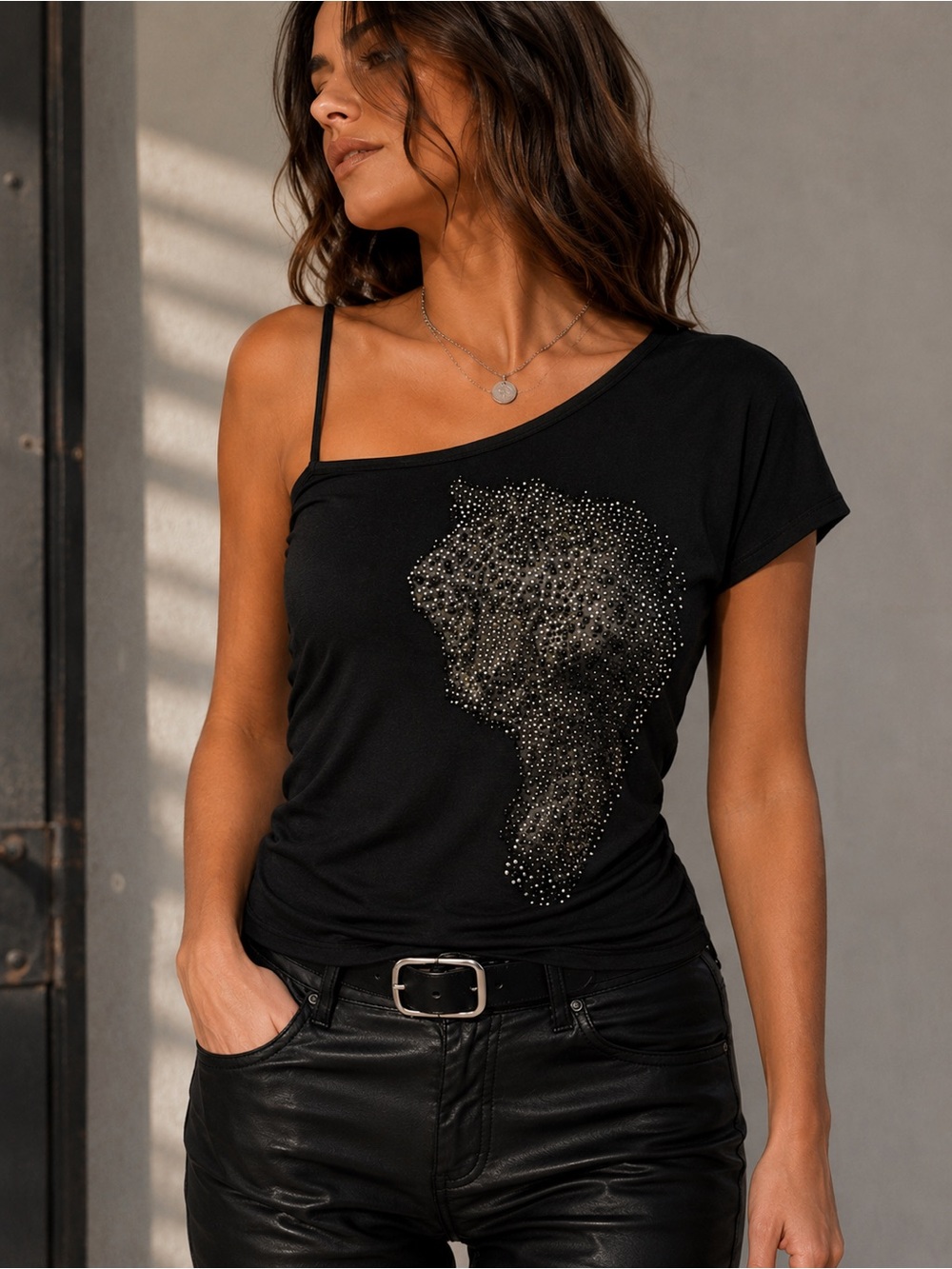 Romeo & Juliet Couture S Black Rhinestone Tiger One Shoulder Top Y2K Glam